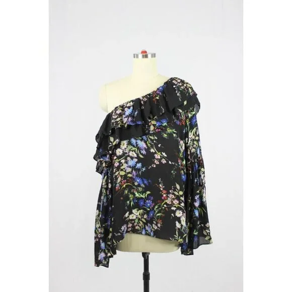 PARKER Lima Boboli Black Floral Silk Georgette Off The Shoulder Blouse, Size L - Picture 5 of 9